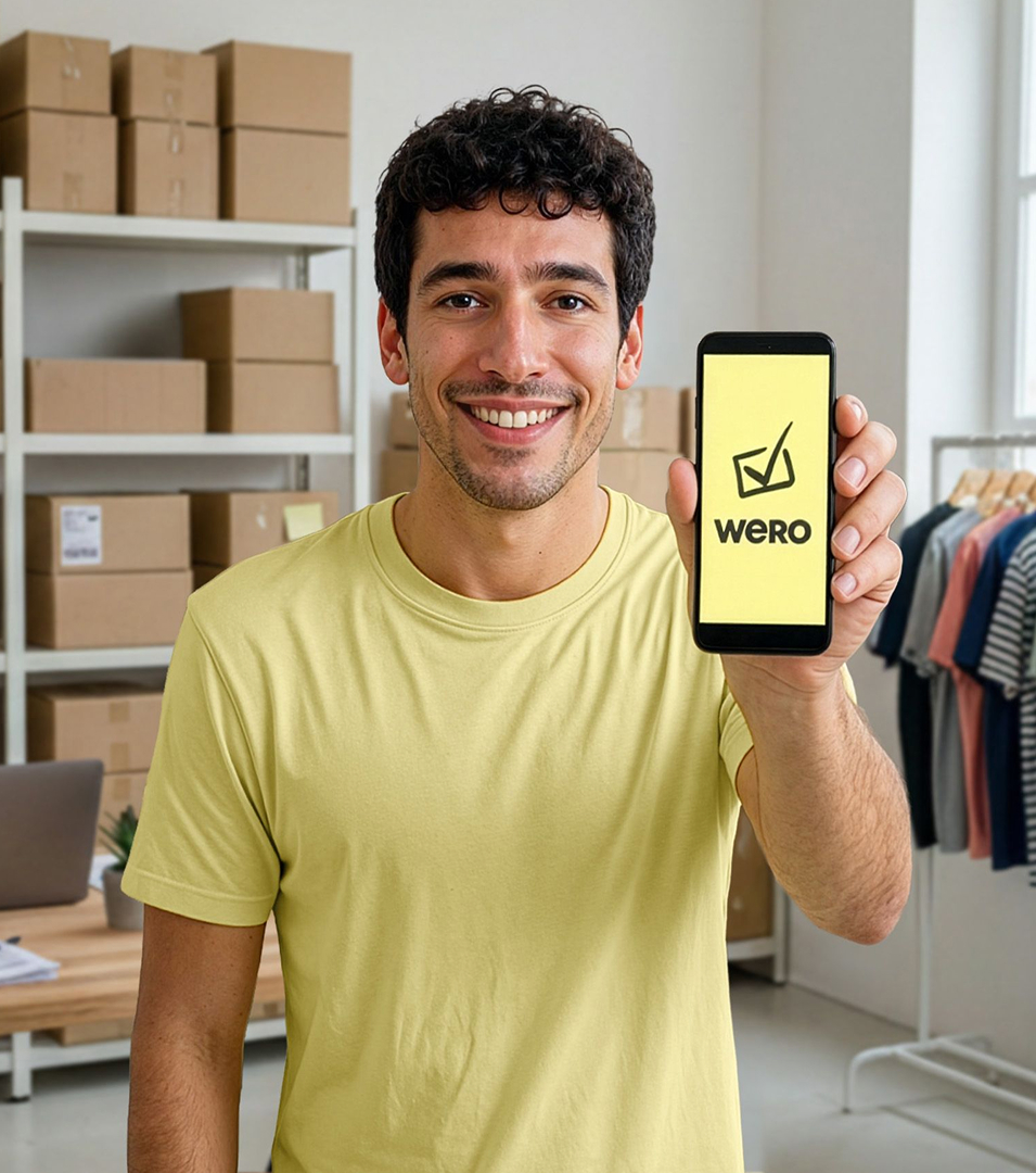 Mann mit Wero-Smartphone in Lager-Umgebung